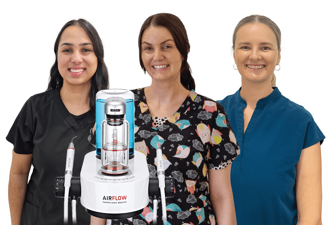 Meet the Arana Hills Oral Health Therapists Priyanka, Sarah, and Esther with the EMS Airflow technology at Admire Dentistry.